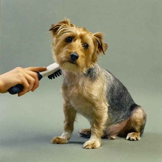 A terrier's coat being brushed out