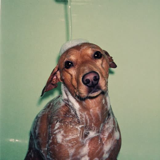 A dog being bathed and lathered